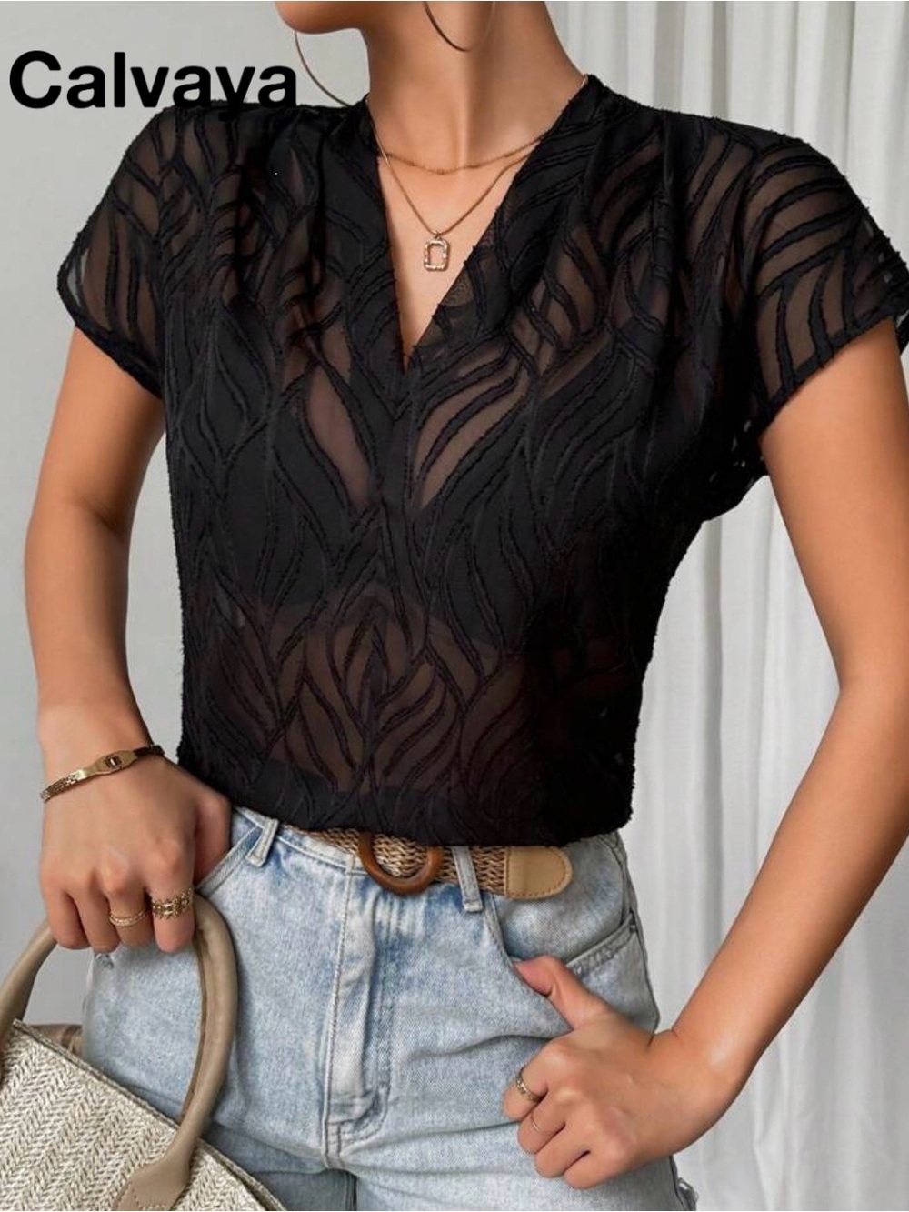 Black Sheer V-Neck Short Sleeve Top